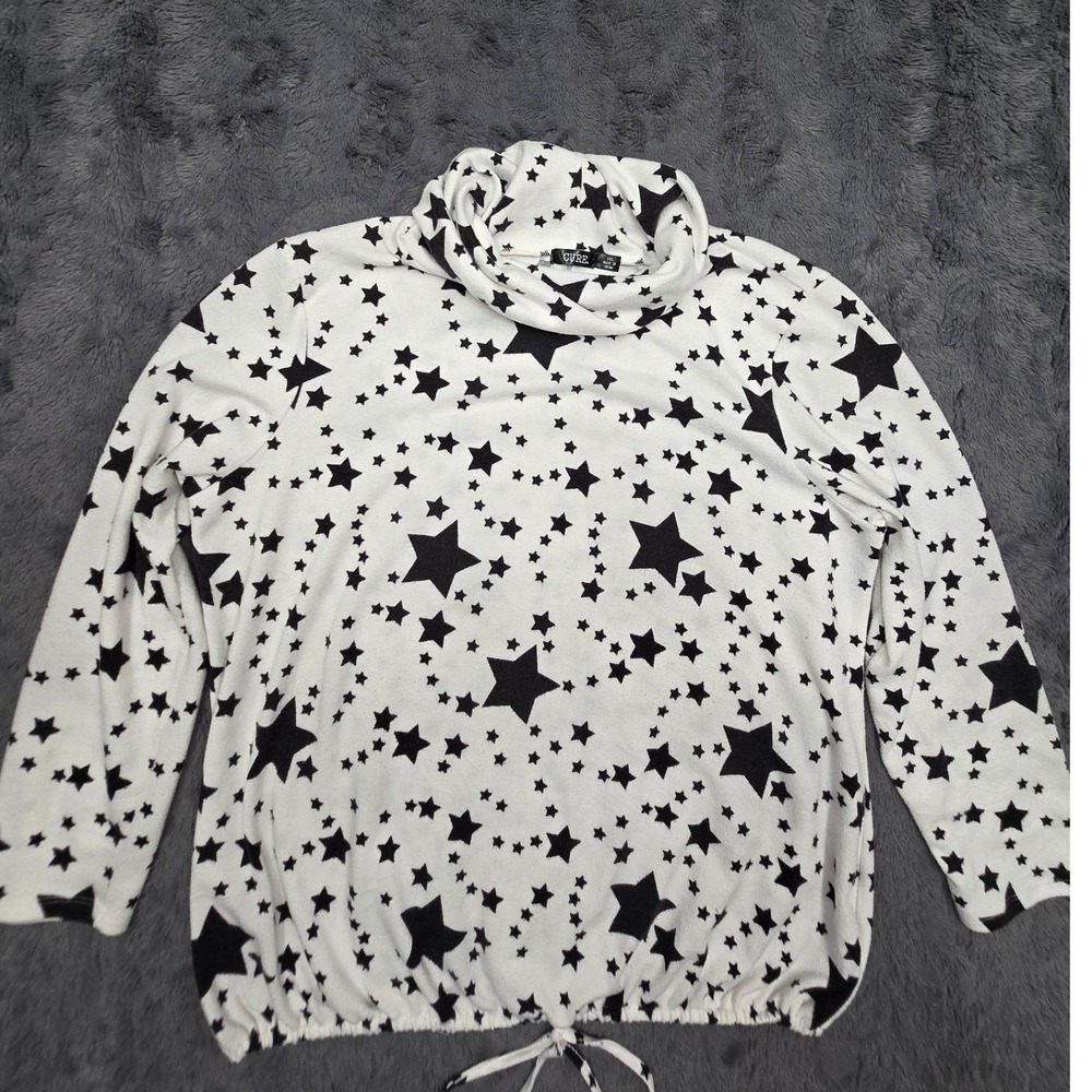 CURE. Womens 2XL White Black Star Print Cowl Neck Drawstring Hem Top Q4-3247